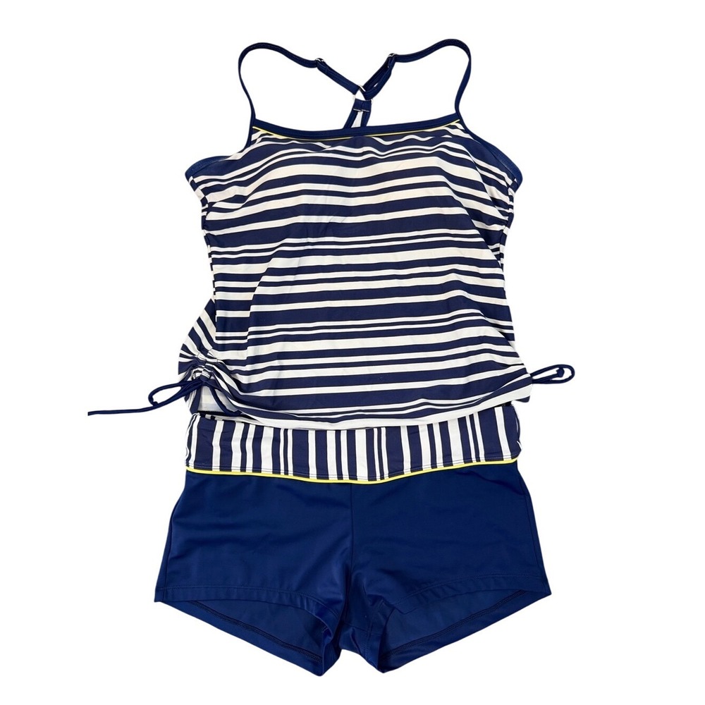 South Point Striped Tankini Swimsuit Set Blue White Ruched Swim Shorts Size 10